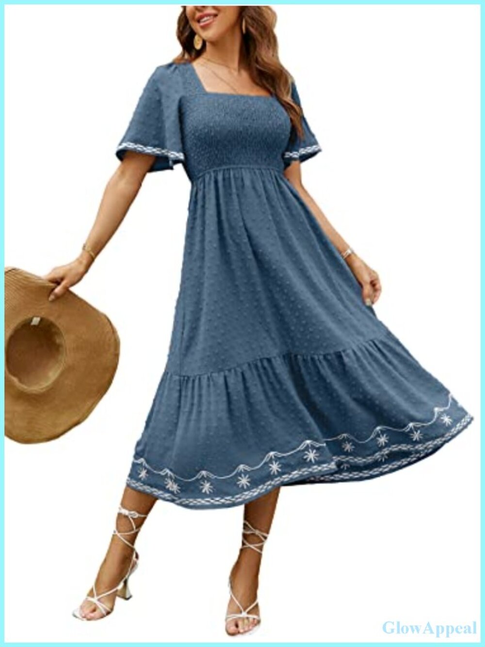 Women's Smocked Square Neck A-Line Maxi Dress Flowy Summer Midi Chiffon